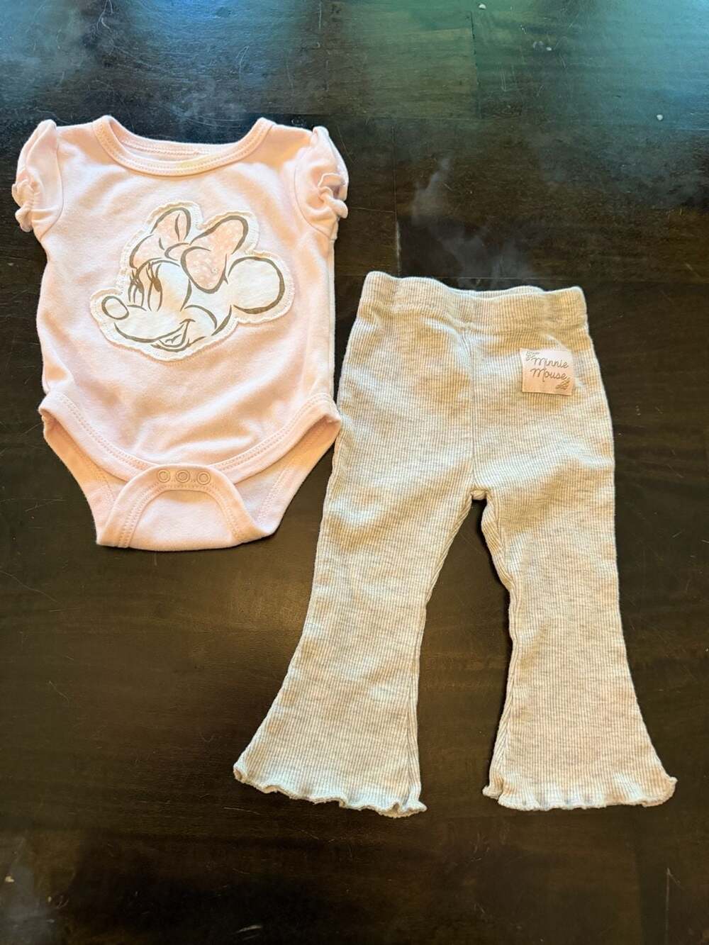 Disney Baby Minnie Mouse Pink Bodysuit and Gray Ribbed Pants Outfit Set